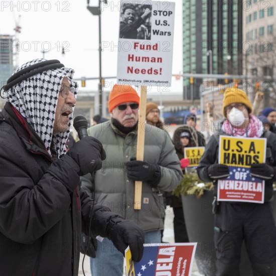 Detroit, Michigan USA, - 3 January 2026 - Activists rally in downtown Detroit to protest President Trump's military action in Venezuela