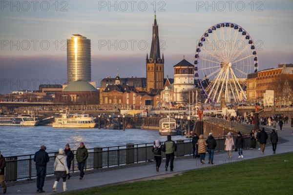Rhine promenade in Düsseldorf, Ferris wheel, old castle tower, St. Lambert Basilica, old town, ERGO Insurance high-rise building, North Rhine-Westphalia, Germany