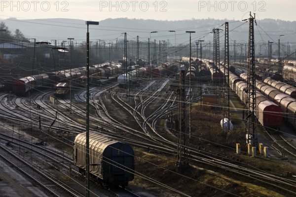 Train formation system with many rails in the Vorhalle district, marshalling yard, freight trains, infrastructure, Hagen, Ruhr area, North Rhine-Westphalia, Germany