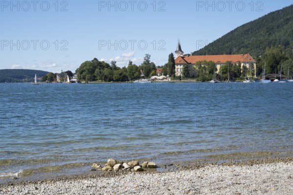 Parish Church of St. Quirinus, Tegernsee Abbey, Castle with Braustüberl, view from Seeufer Point, village Tegernsee, Upper Bavaria, Bavaria, Germany