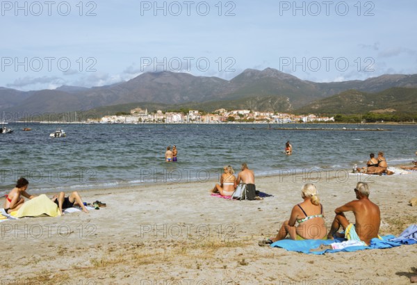 Beach or Plage de la Roya, in the back of Saint-Florent on the Gulf of Saint-Florent in the Mediterranean, Haute-Corse, Corsica