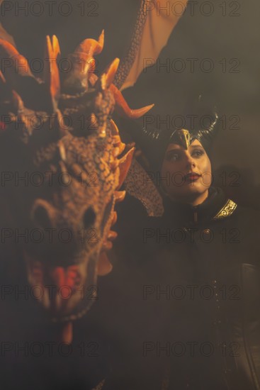 Teufelin, woman with horns with dragon, fog, murmurs, winter, Waldburg Castle, Allgäu, Baden-Württemberg, Germany