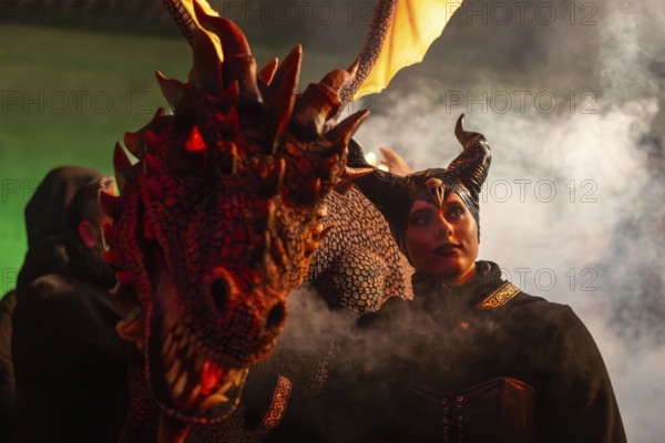 Teufelin, woman with horns with dragon, fog, murmurs, winter, Waldburg Castle, Allgäu, Baden-Württemberg, Germany