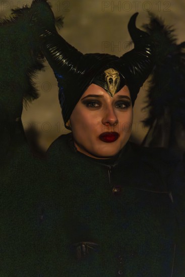 Teufelin, woman with horns, murmurs, winter, Waldburg Castle, Waldburg, Allgäu, Baden-Württemberg, Germany