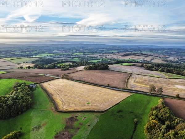 Colours of Devon Farms and Fields over Berry Pomeroy from a drone, Totnes, England, United Kingdom