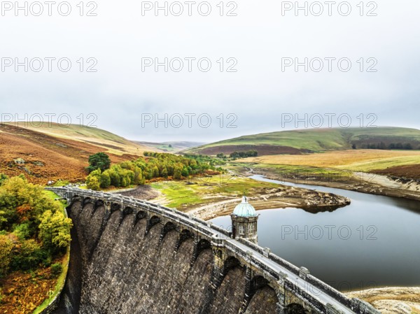 Autumn over Craig Goch Dam from a drone, Elan Valley Reservoirs, Elan Valley, Rhayader, Powys, Wales, UK