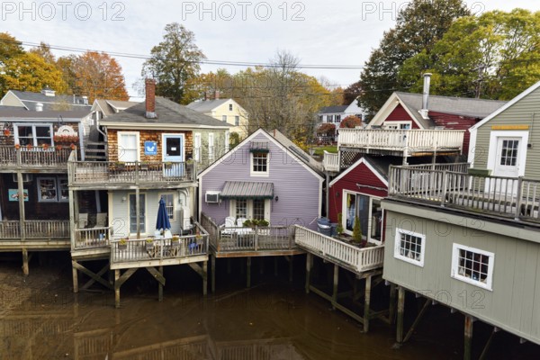 Colourful houses on stilts, Kennebunk River, Tidal River, Kennebunkport, Maine, New England, USA