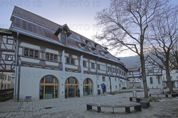 Holy Spirit Hospital built in 1424 and prehistory museum, half-timbered house, Blaubeuren, Swabian Jura, Baden-Württemberg, Germany
