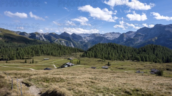 View across the Gotzenalm alpine pasture to the Teufelshörner, Hochkönig and Steinernes Meer mountains, Berchtesgaden National Park, Bavaria, Germany