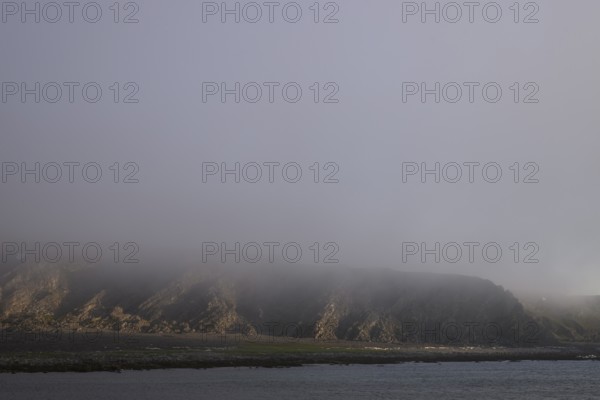 Misty coastal landscape with rocks creating a mystical and gloomy atmosphere, Båtsfjord, Finnmark, Norway