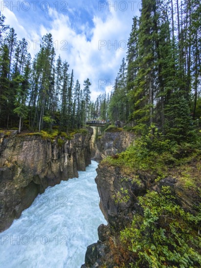 Raging turquoise water cascading through a narrow gorge at sunwapta falls in jasper national park, alberta, with tourists observing from a bridge amidst lush evergreens under a cloudy sky