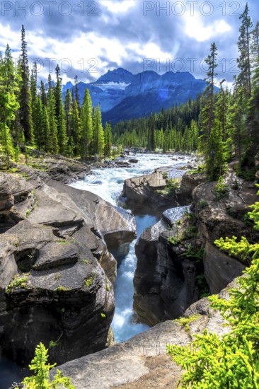 Turquoise water flowing powerfully through mistaya canyon in banff national park, alberta, creates a breathtaking spectacle against rugged, snow capped mountains and coniferous forests