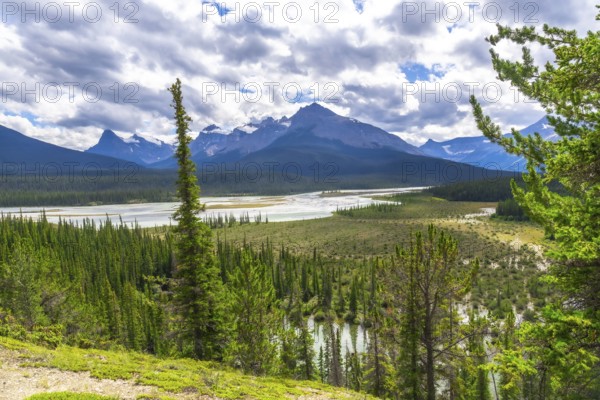 Coniferous forests and river wetlands stretching across the landscape in banff national park, alberta, showcase the stunning canadian rockies under a partly cloudy sky