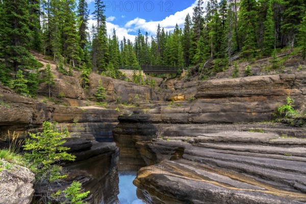 Water flowing through mistaya canyon in banff national park, alberta, canada, creating a stunning natural landscape with layered rock formations, lush green forest, and a bridge crossing the gorge