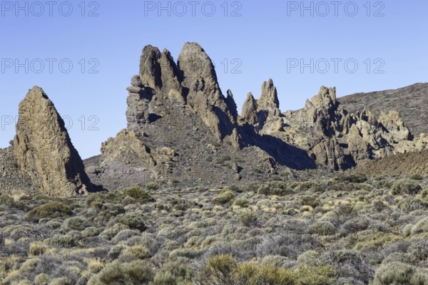 Stone formation in a dry landscape under blue sky, La Orotava, Tenerife