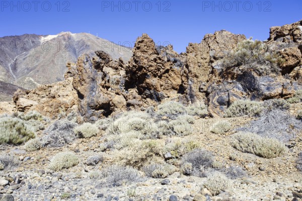 Rock structures in a bare area with views of mountains, Pico del Teide National Park, La Orotava Tenerife