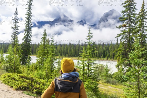 Hiker in a yellow beanie and jacket standing in a lush pine forest, admiring majestic mountain peaks shrouded in clouds along the scenic icefields parkway in alberta