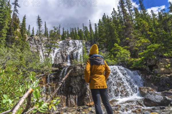 Female hiker wearing yellow jacket and beanie contemplating tangle creek falls in jasper national park, canadian rockies, alberta, canada, during a sunny summer day