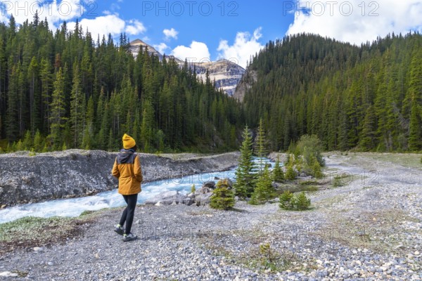 Female hiker walking along the ci fuentes path, admiring the turquoise waters of the north saskatchewan river flowing through a valley in banff national park, alberta