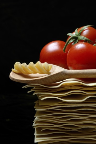 Lasagna, lasagna leaves and cooking spoon with fusilli noodle, noodle nest pasta type