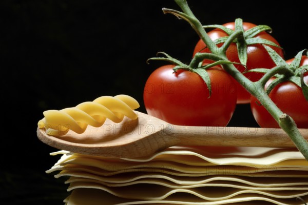Lasagna, lasagna leaves and cooking spoon with fusilli noodle, noodle nest pasta type