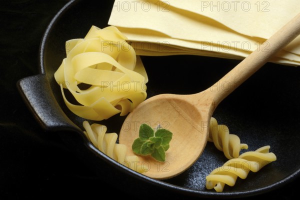 Lasagna leaves, fettuccine and fusilli in pot, cooking spoon with oregano leaf
