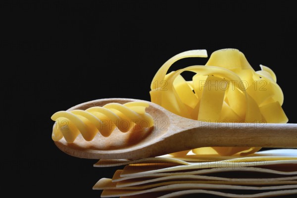Lasagna, lasagna leaves and cooking spoon with fusilli noodle, noodle nest pasta type