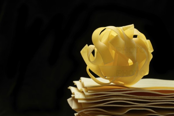 Uncooked lasagna leaves and fettuccine, noodle nest