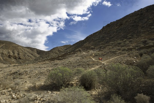 Barren mountain landscape with hikers in the distance and cloudy sky, Los Cristianos Tenerife