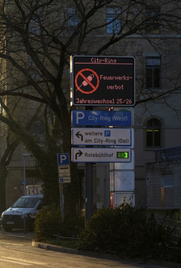 Sign, information sign, fireworks ban, fireworks ban on New Year's Eve in the city center, pedestrian zone, Stuttgart, Baden-Württemberg, Germany