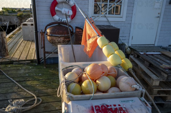 Buoys and lifebuoy on a wooden pier at sunset, next to a small fishing hut, Vardø, Finnmark, Norway