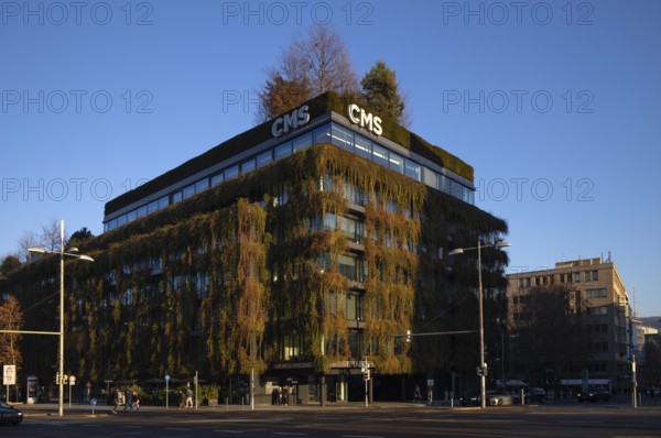 Green façade on the new building, CMS Hasche Sigle office building, Calwer Straße, Logo, Stuttgart, Baden-Württemberg, Germany