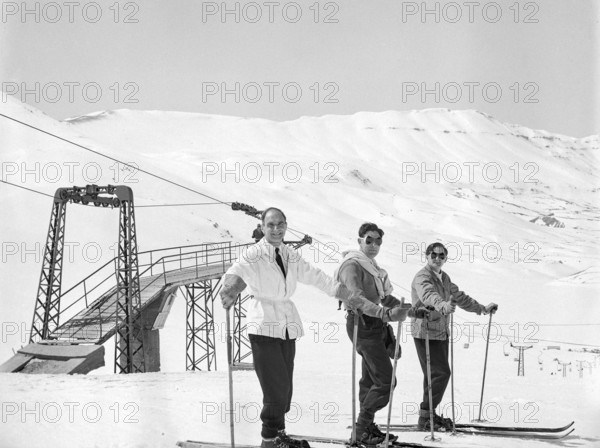 Male skiers at Cedars Ski Resort, Bsharri, Lebanon, Middle East c 1956 - the country's oldest skiing area and first ski lift built in 1953