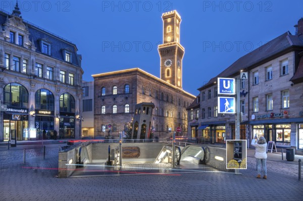 Fürth Town Hall in evening lighting, the tower is imitated the tower of the Palazzo Vecchio in Florence, in front a subway entrance, blue evening sky, Fürth, Middle Franconia, Bavaria, Germany