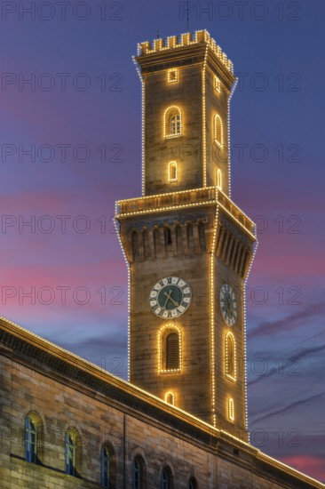 Fürth Town Hall Tower in evening lighting, the tower, is imitated the tower of the Palazzo Vecchio in Florence, evening sky, Fürth, Middle Franconia, Bavaria, Germany