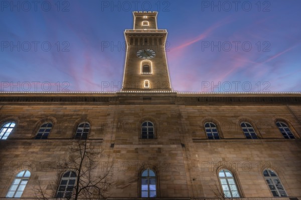 Fürth Town Hall in evening lighting, the tower, is imitated the tower of the Palazzo Vecchio in Florence, evening sky, Fürth, Middle Franconia, Bavaria, Germany