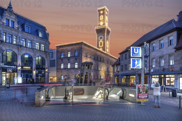 Fürth Town Hall in evening lighting, the tower is imitated the tower of the Palazzo Vecchio in Florence, in front a subway entrance, evening sky, Fürth, Middle Franconia, Bavaria, Germany