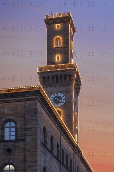 Fürth Town Hall in evening lighting, the tower, is imitated the tower of the Palazzo Vecchio in Florence, evening sky, Fürth, Middle Franconia, Bavaria, Germany