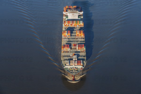 Container ship, Maersk Gibraltar, half full, low tide, Elbe, fairway, wave, Hamburg, Schleswig-Holstein, Lower Saxony, Germany, aerial view
