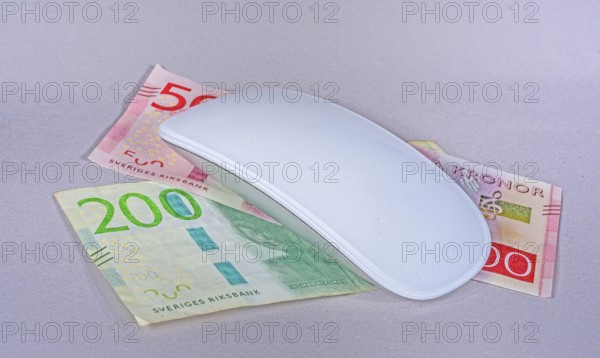 Computer mouse on Swedish 200- and 500-krona banknotes. Symbol image