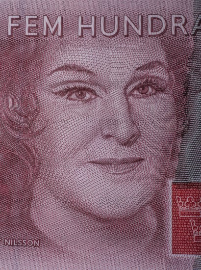 Birgit Nilsson (1918-2005), famous Swedish opera singer, portrait on Swedish 500-krona banknote