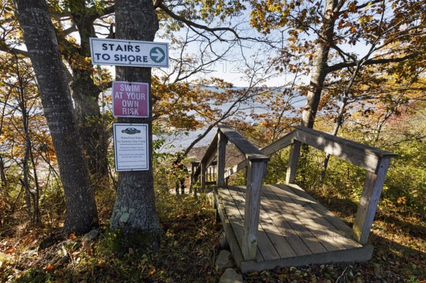 Stairway to beach sign, campground, sustainable farm in Freeport, Wolfe's Neck Center, Maine, New England, USA