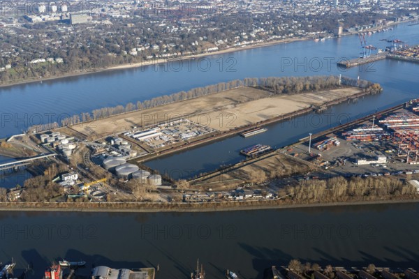 Europe, Germany, Hamburg, port, economy, port expansion, petroleum, petroleum port, hamburger, extension, Waltershof, aerial view, aerial view, aerial view, Elbe, river, shipping, expansion, HHLA, contaminated site remediation, tree felling