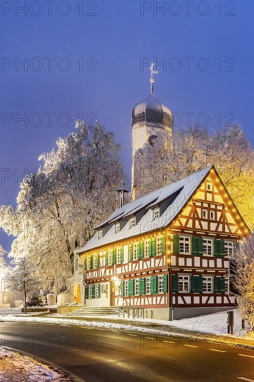 St. Stephen's Church Westerheim in winter with Christmas tree. hoarfrost. Westerheim, Alb-Danube District, Baden-Württemberg, Germany