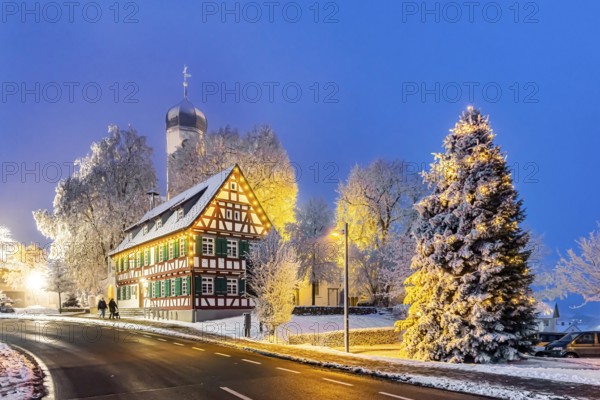 St. Stephen's Church Westerheim in winter with Christmas tree. hoarfrost. Westerheim, Alb-Danube District, Baden-Württemberg, Germany