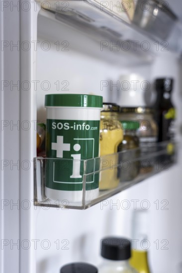 Emergency box in a refrigerator, it contains a comprehensive information sheet which gives emergency services medical information about the patient in an emergency, refrigerator is available in every household, central point for rescuers to receive information about the patient in an emergency, a sticker on the refrigerator door and front door indicates the emergency box