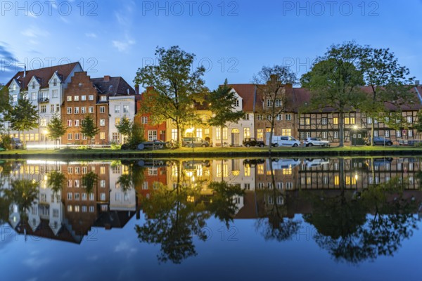 Lübeck's old town and the river Trave at dusk, Lübeck, Schleswig-Holstein, Germany