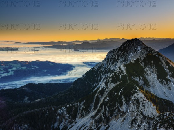 Sunrise in the mountains, view of Salzburg with fog, Hochstaufen, Zwiesel, Bad Reichenhall, Berchtesgadener Land, Upper Bavaria, Bavaria, Germany