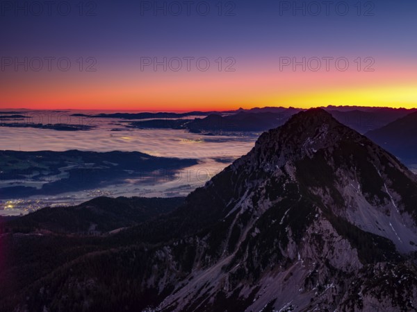 Dawn in the mountains, view of Salzburg with fog, Hochstaufen, Zwiesel, Bad Reichenhall, Berchtesgadener Land, Upper Bavaria, Bavaria, Germany