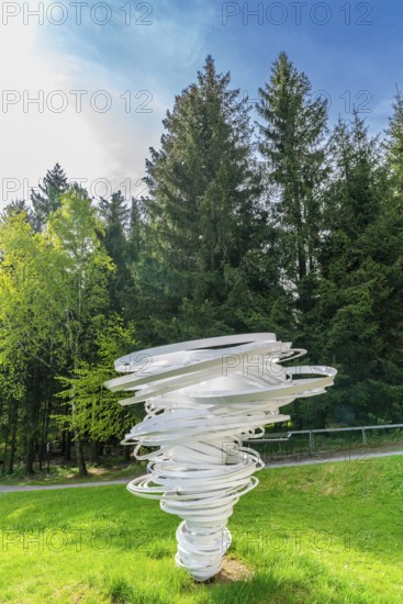 Sculpture, art installation Twister by artist and sculptor Alice Aycock, Purple Path art and sculpture trail of the European Cultural Region around the cultural capital Chemnitz, next to historic wooden houses in the Seiffen open-air museum, Ore Mountains, Saxony, Germany